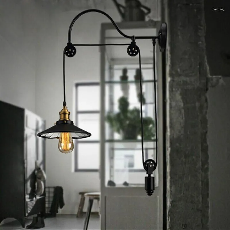 Wall Lamp Retro Adjustable Pulley Length Iron Glass Reading Black Vintage Lamps E27 Led Lights Sconce For Bathroom Bedroom Office Bar