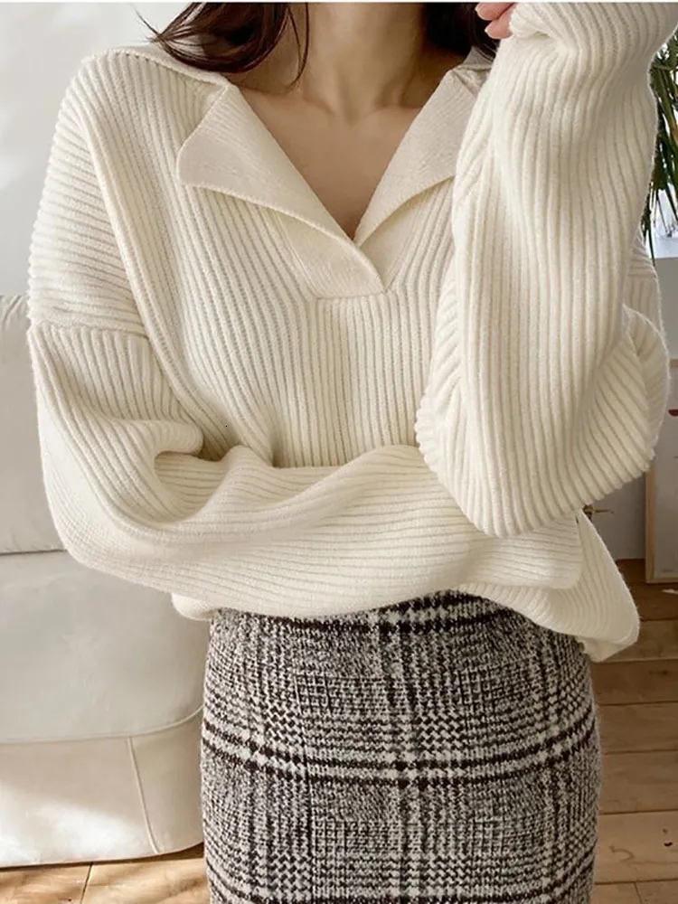 Women's Sweaters ITOOLIN Autumn Women Knitted Ribbed Loose Sweater Vneck Longsleeved Oversize Pullovers Solid Sweater For Women Jumpers Winter 221128