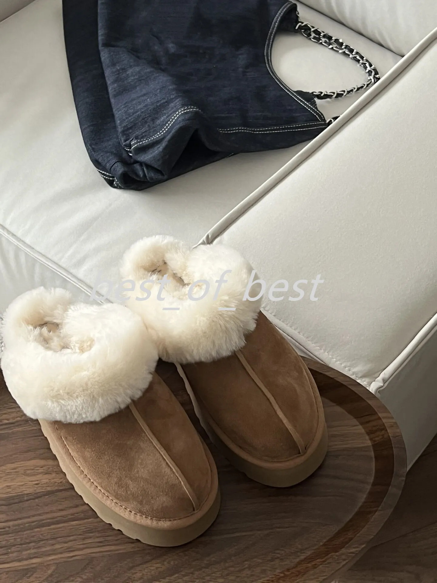 Novos chinelos de lã de plataforma de designer Deslinhamento Funkette Fur Slides Classic Mini Ultra Boot Scuff Sis Tazz Sheepskin Suede Upper Women Sandália Tamanho 35-43