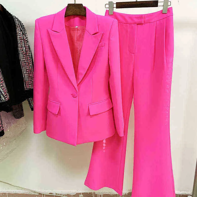سروال السترة بدلة من قطعتين مجموعة فاتحة من النساء الوردي الفاتح الأزرار واحدة الأزرار اندلاع السراويل السترة السترة الرسمية بدلة عالية الجودة J220813