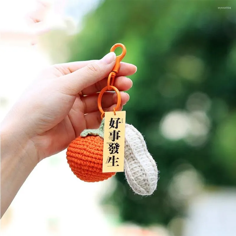 Keychains Cute Handmade Wool Knitted Keychain Couples' Fresh Persimmon Peanut Lucky Keyrings Car Keys Decor Bag Backpack Cloth Pendant