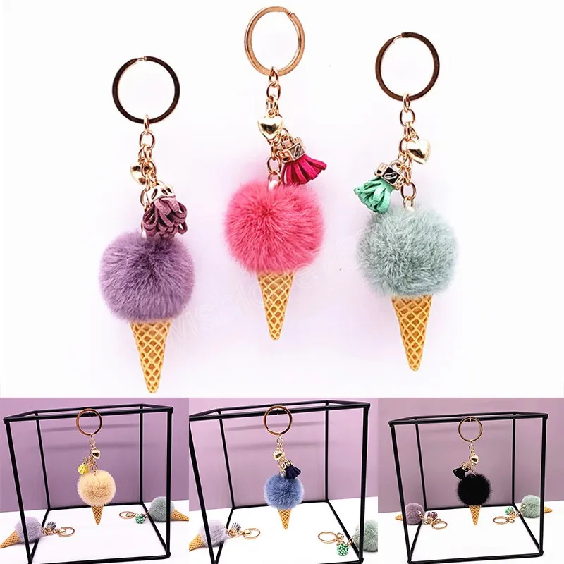 Portachiavi gelato Portachiavi con palla in pelliccia sintetica carino Borse in peluche Ciondolo Portachiavi per auto Catena Gioielli creativi Accessori chiave regalo