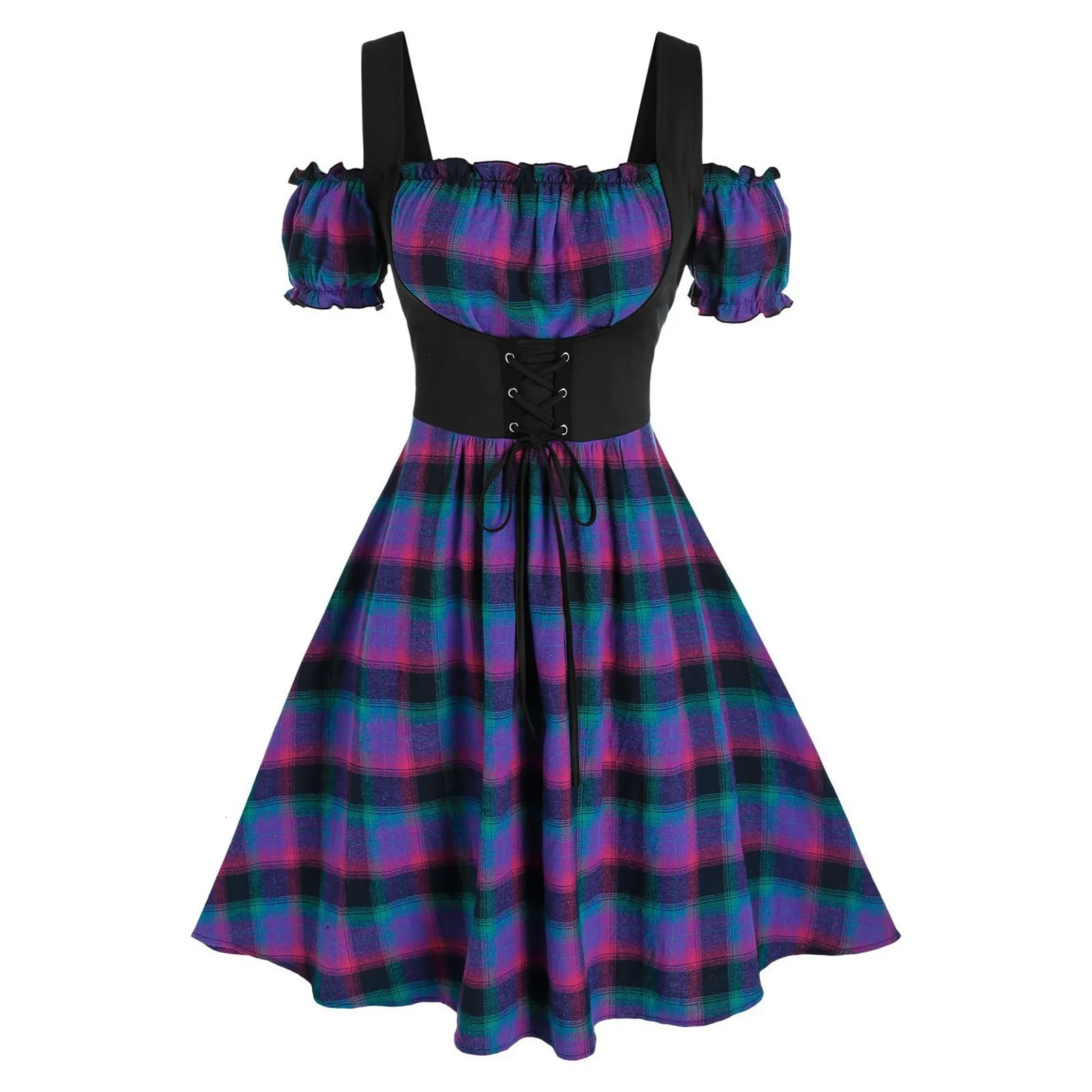 Robes décontractées Robe à carreaux imprimé à lacets avant boucle robe à bretelles Oktoberfest Costume bavarois plus taille une ligne mini robe robes femme 221126