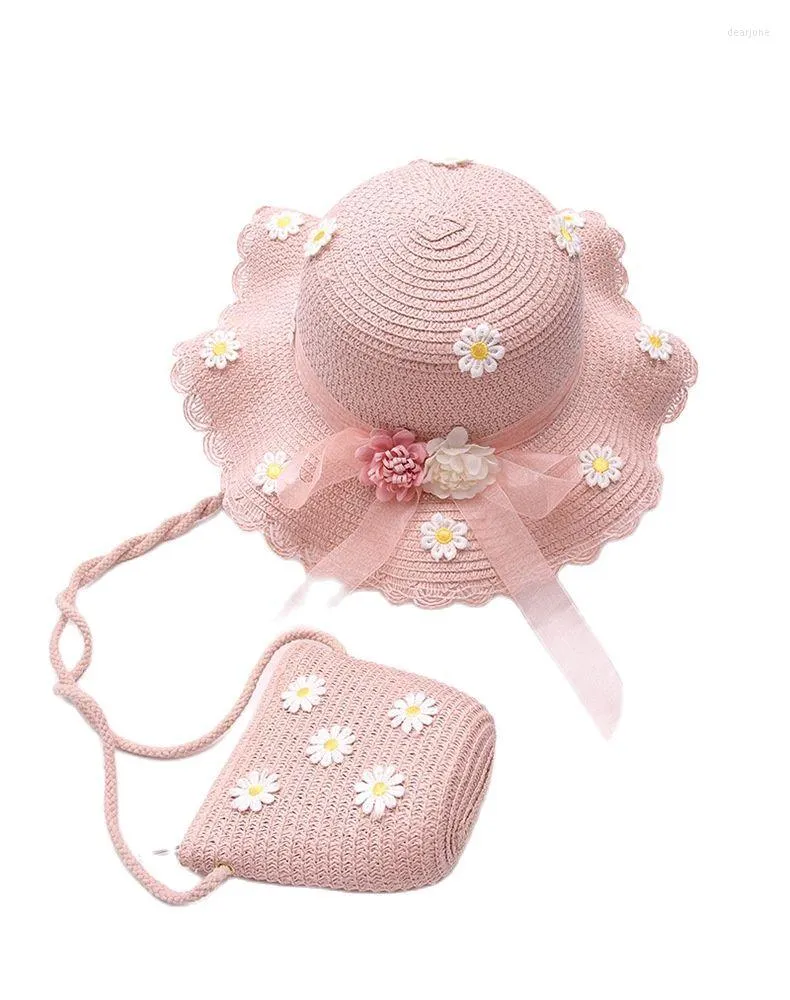 Şapkalar kız bebek 2pcs setler yaz saman şapka çanta çocuk çocuk kızlar prenses güneş papatyası omuz çantası ile güneş kremi mini