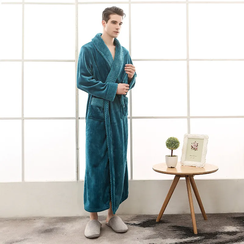 Men's Sleepwear Men Dressing Gown Winter Thick Man Fleece Fluffy Long Bathrobe With Sashes Sleeve Solid Pockets Bath Robe Male 221124
