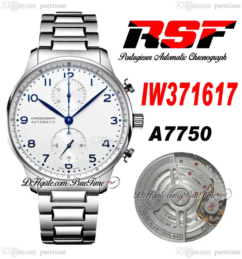 RSF IW3716 A7750 Chronographe automatique Montre pour homme 41 mm Cadran argenté Marqueurs bleus Bracelet en acier inoxydable Super Edition ETA Montres Puretime 03A1