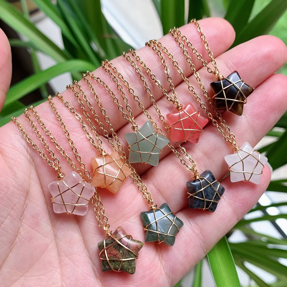 5-Pack Natural Crystal Stone Pendants - Quartz Life Tree Necklaces | Hand-Wrapped Copper Wire Jewelry