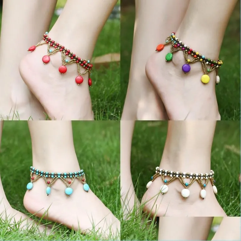 Anklets Anklets Turquoise Bohemian Anklet Fashion Beach Ankle Handmade Layer Green Red White Colorf Bead 1362 D3 Drop Deliver Dhgarden Dhzu4