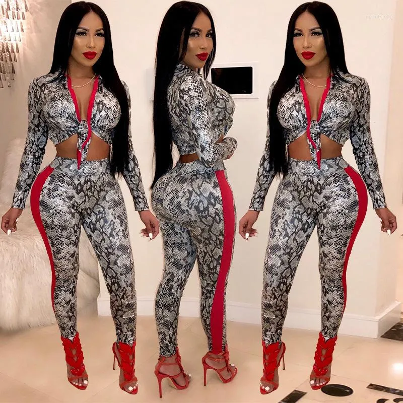 Kvinnors sp￥rdr￤kter Kvinnors 2022 Fashion Casual Snake Skin Digital Printing Tight Cardigan Two Piece Suit Elastic