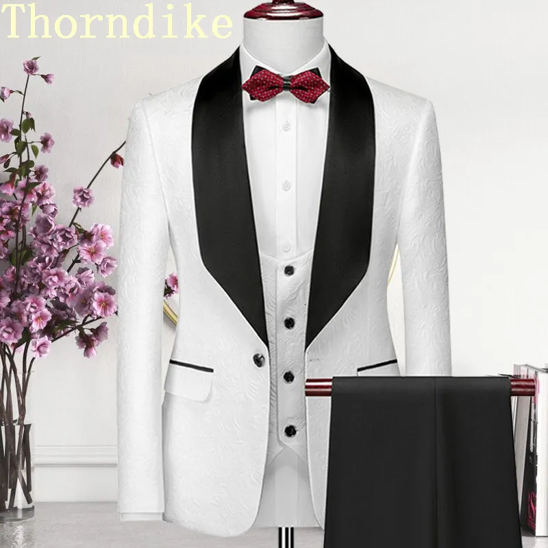 Herenpakken Blazers Thorndike Heren Bruiloft Witte Jacquard Met Zwarte Satijnen Kraag Tuxedo3 Stuks Bruidegom Terno Voor MannenJasVestBroek 221128