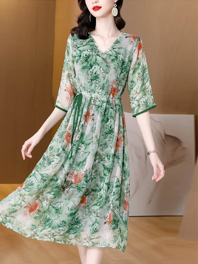 Sukienki swobodne zielone kwiatowe vintage letnią maswarze jedwabną sukienkę dla kobiet midi tuniki eleganckie koreańskie modne impreza Maxi vestidos 221126