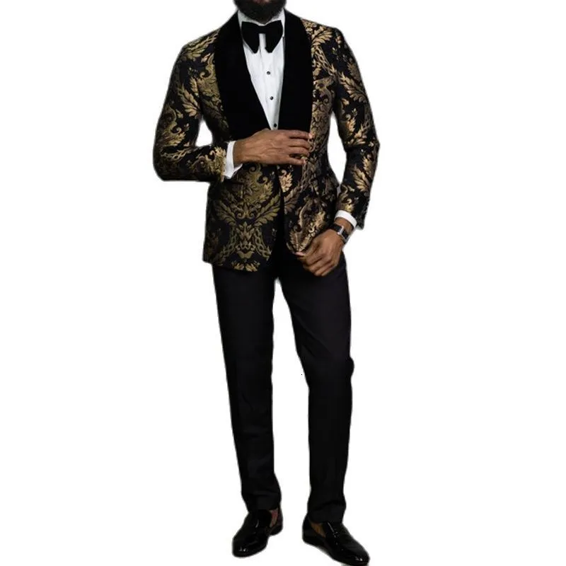 Costumes pour hommes Blazers Noir Floral Jacquard Bal Hommes 2 Pièces Slim Fit avec Velours Châle Revers Mariage Marié Tuxedo Mâle Vêtements De Mode 221128