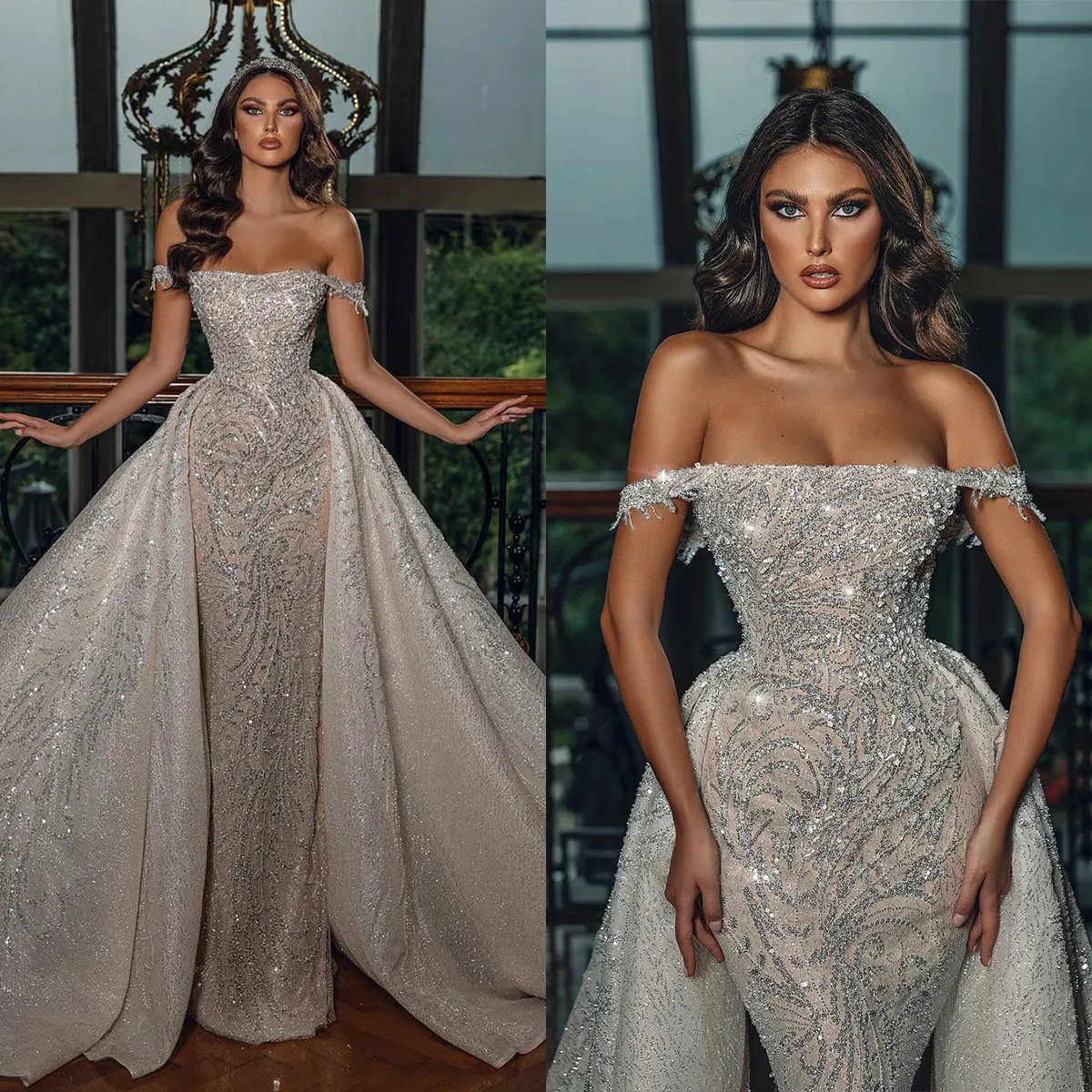 Lantejoulas de moda vestidos de noiva de sereia fora de renda de ombro vestidos de noiva ASO ebi miçangas brilhantes vestido de noiva árabe