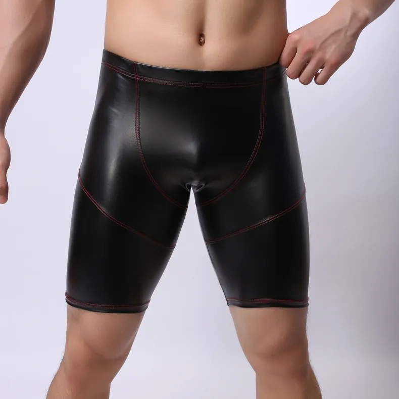 Underpants Men's Imitation Leather Briefs Five-minute Elongated Boxers Mid-waist U-convex Skinny Sexy Mid-pants