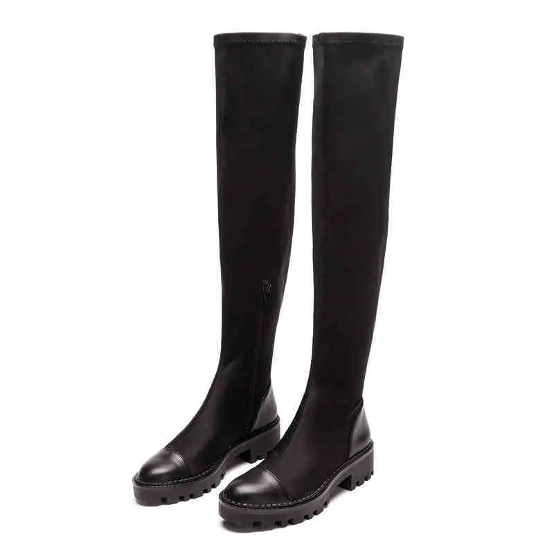 Bottes Automne Femmes Mode Élastique Noir Haute Genou Chaussettes Couture En Cuir Sexy Parti Chaussures Dame Sur Le 220903