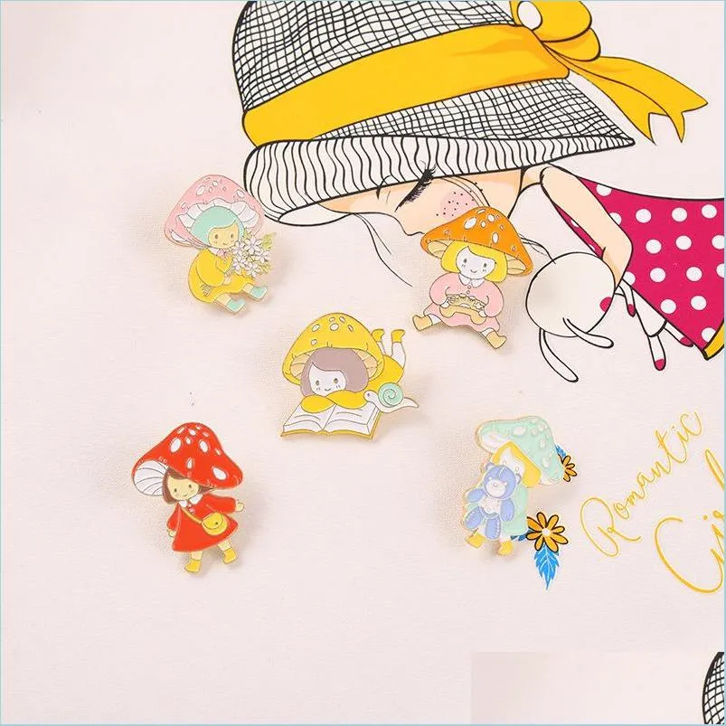 Pins Brooches Enamel Brooches Pins Mushroom Girl Flower Bear Badges Clothes Brooch Pin Cap Bag Creative Jewelry 1476 E3 Drop Dhgarden Dhtyo