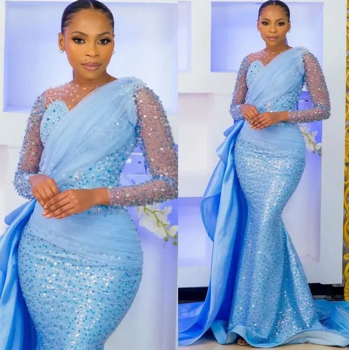 ASO EBI Crystals Pärlade sjöjungfru Prom klänningar lång för kvinnor Sky Blue Sequined Lace Formal Evening Party Second Reception Födelsedagsengagemang Klänningar Anpassad