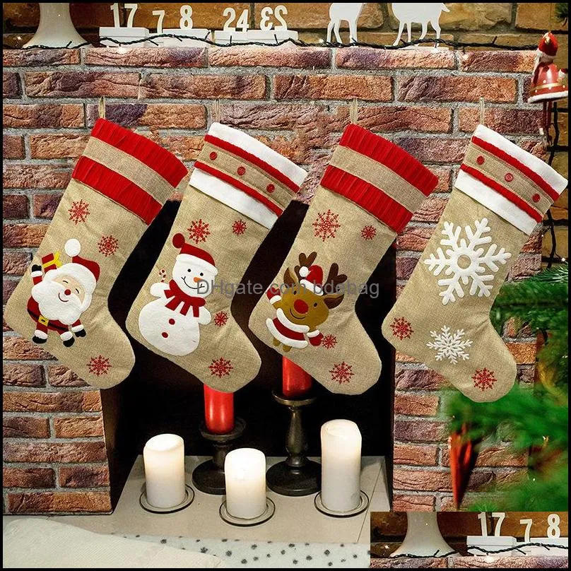 Decorações de Natal 18,8 polegadas Big Christmas Meocks Burlap Canvas Santa Snowman Snower Cuff Pack Family Pack Bags para Natal Holi Dh1ym