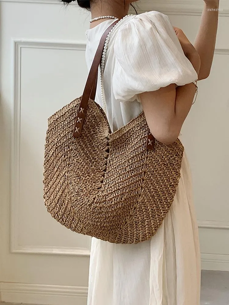 Borse da sera Borsa a tracolla da donna casual in paglia intrecciata Borsa a mano in vimini lavorata a maglia di grande capacità Borsa da spiaggia estiva bohémien femminile