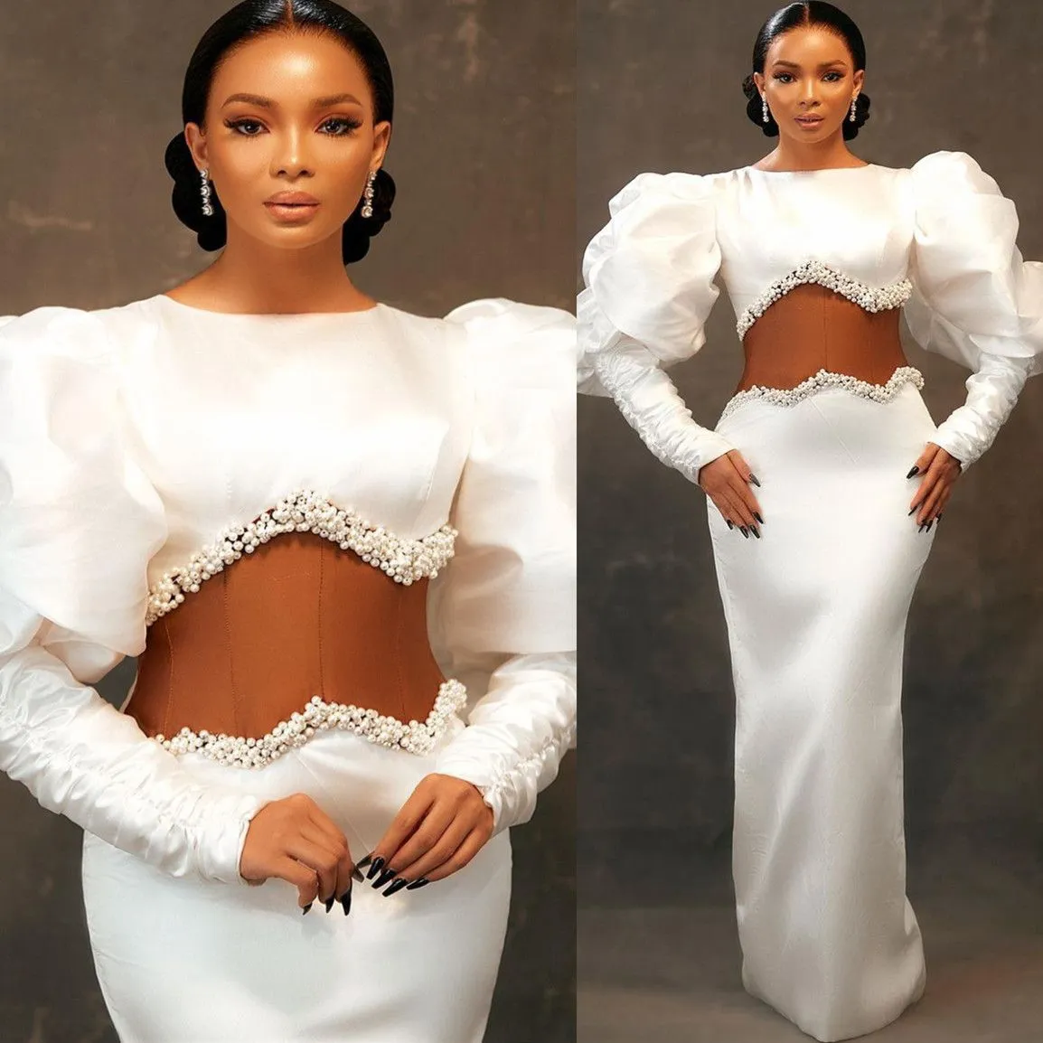 Dubaï Arabe Aso Ebi Blanc Gaine Robes De Bal Longues Pour Les Femmes Perles Illusion Bateau Cou Soirée Formelle Deuxième Réception Anniversaire Robes De Fiançailles Robe