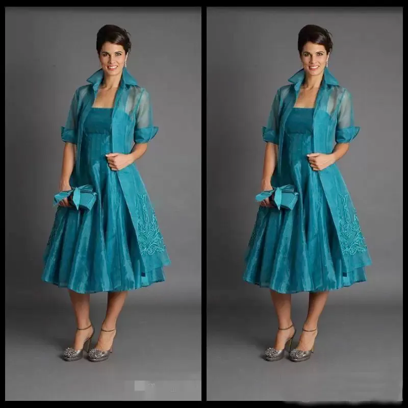 Line Elegant A Plus Size Short Mother of the Bride Dresses Jacket Teal Length Suits Evening Gowns Organza