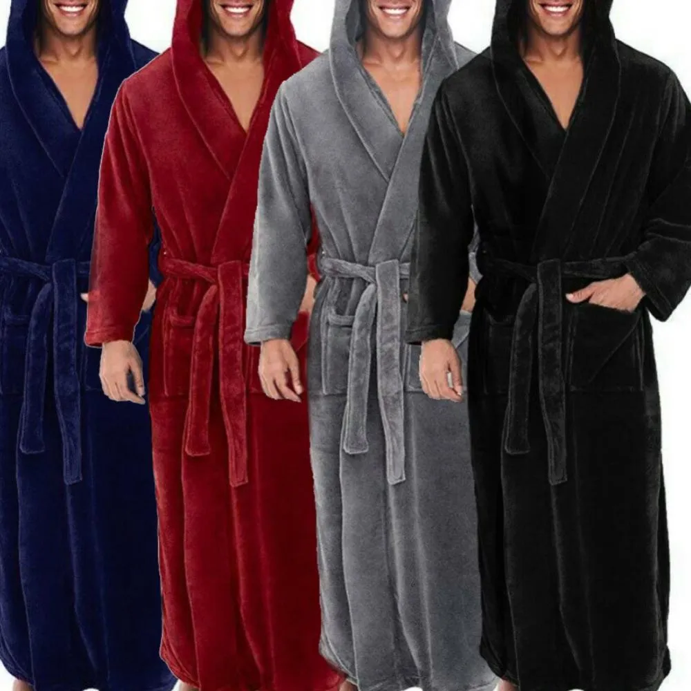 Herren-Nachtwäsche, einfarbig, weich, für Männer, Korallen-Fleece, Taschen, langer Bademantel, Heimkleid 221124