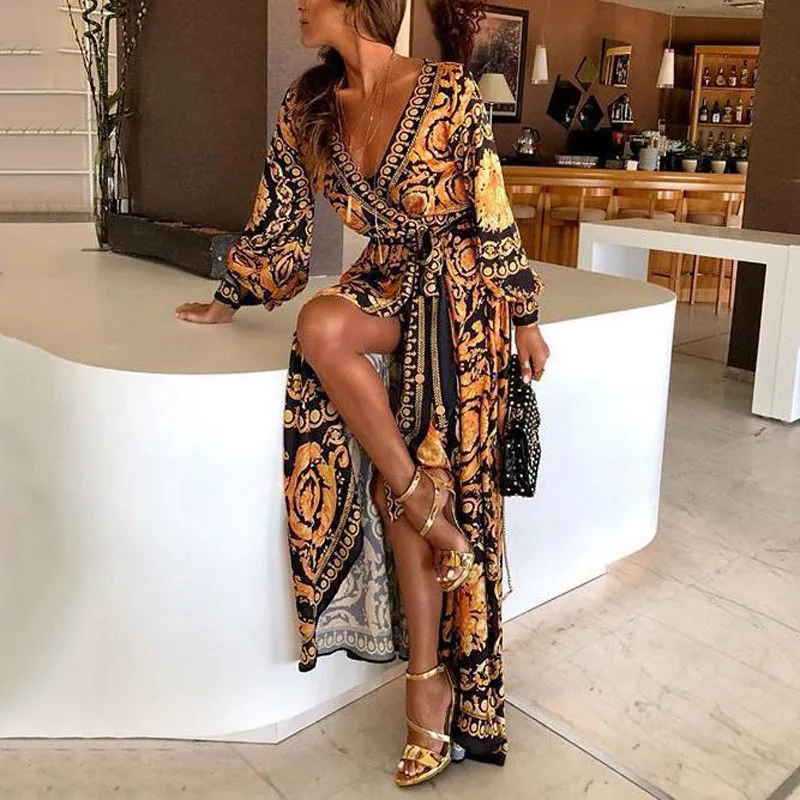 Casual Dresses Style Fashion Elegant Women Sexy Boat Neck Glitter Deep V Print Party Formal Long Clubwear 221125