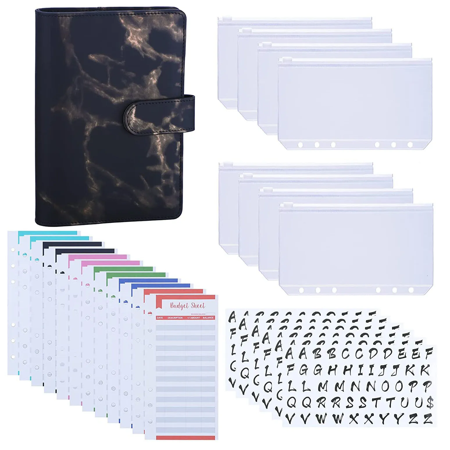 Filing Supplies A6 PU Leather Budget Binder with Pockets Expense Sheets Sticker Labels Money Saving Cash Envelopes System 221128