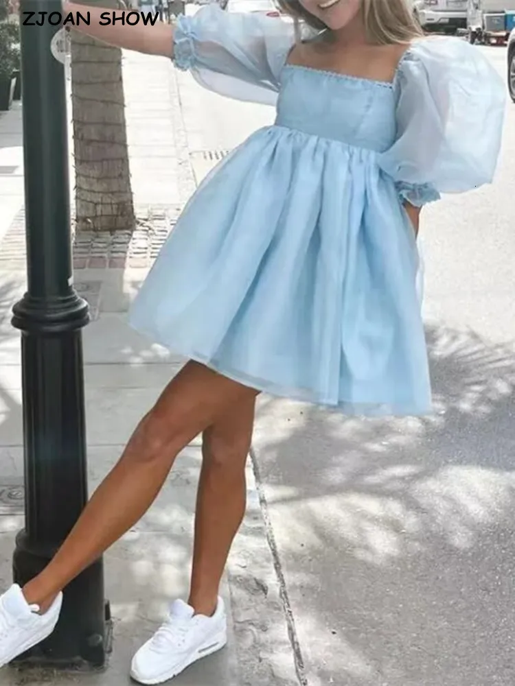 Robes décontractées d'été bleu massif Organza robe robe à manches bouffantes