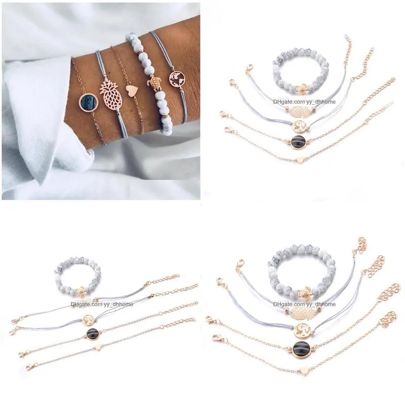 Charm Bracelets 5 Pieces / Set Of Simple Pineapple Love Black Pearl Map Turtle Blue Beaded Woven Bracelet Ladies Fashion Drop Delive Dh1Fe
