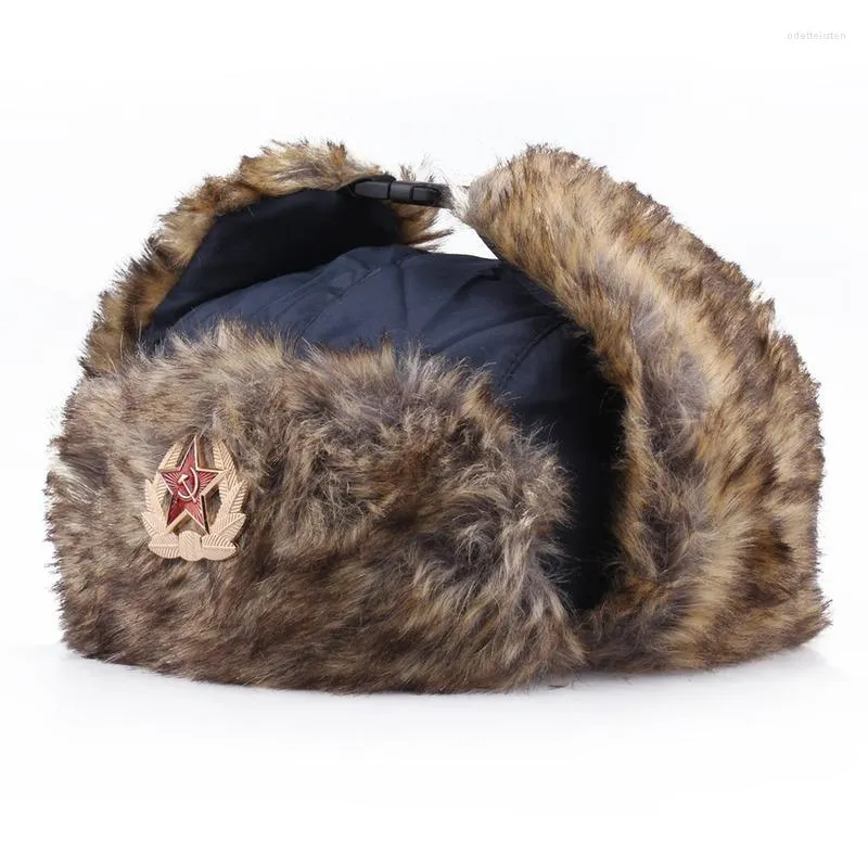 Berets Men's Radziecka odznaka CCCP Ushanka Bomber Hat Women Faux Fur Winter z Earflap Windproof wojskową maskę śnieżną czapkę śnieżną