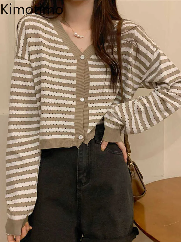 Women's Sweaters Kimotimo Striped Long Sleeve Vest Crop Top Women French Casual Vhals Sweater 2022 Autumn Retro All Match Knitted Vests J220915
