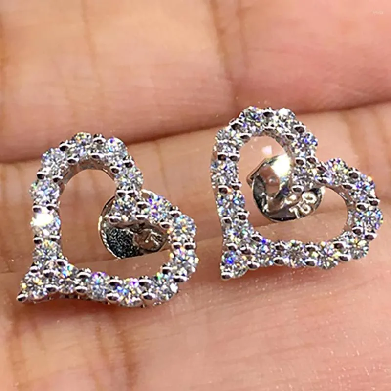 Boucles d'oreilles en or blanc 10K Au417 pour femmes, diamants Moissanite, cœur, classique, fête de mariage, fiançailles, anniversaire, tendance, romantique