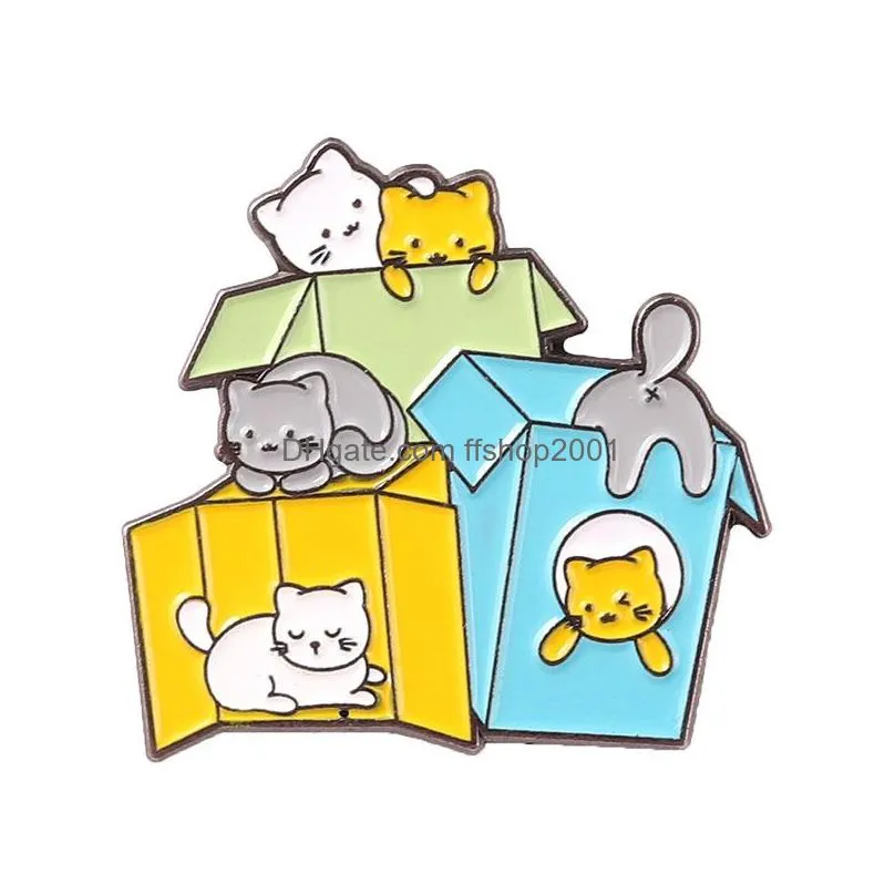 Pins broches cartoon dierenbroches voor vrouwen kat met box pins broche feest metaal schilderij glazuur badge mode creatieve sieraden dhbzm