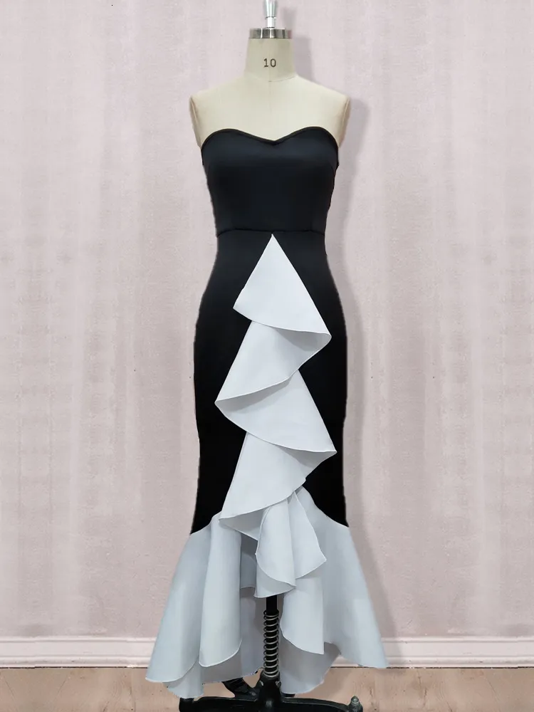 Long Strapless Dress Bandeau Ruched Ruffle-Trim Maxi Dress In Blh - 8 | Oh  Polly Bodycon Maxi Dress