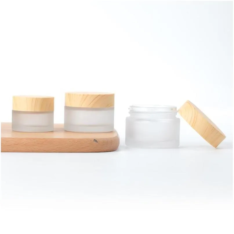 Storage Boxes Bins Frosted Glass Jar Skin Care Eye Cream Jars Pot Refillable Bottle Cosmetic Container With Wood Grain Lid 5G 10G Dhxio