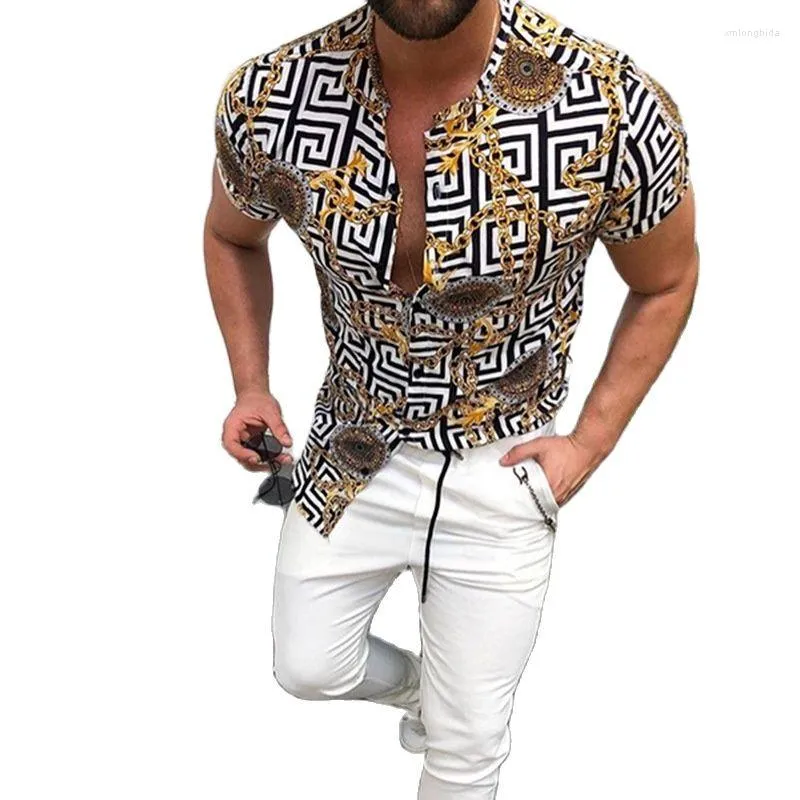 남성 캐주얼 셔츠 2023 여름 패션 남성 의류 인쇄 셔츠 슬림 그리드 스탠드 칼라 짧은 소매 골든 체인 인쇄