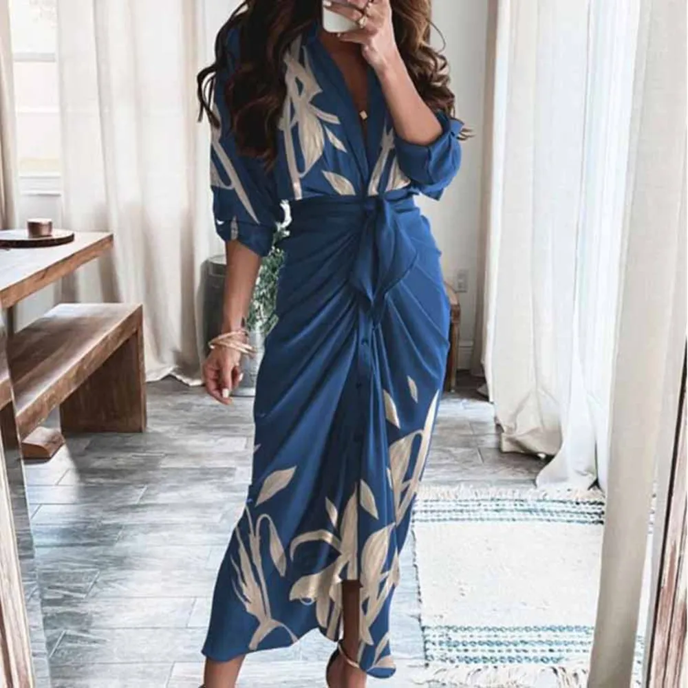 Casual Dresses Women Spring Autumn Elegant Button Ruched Bandage Shirt Dress Femme Casual Short Sleeve Solid V Neck Beach Maxi Dress Vestidos 221126