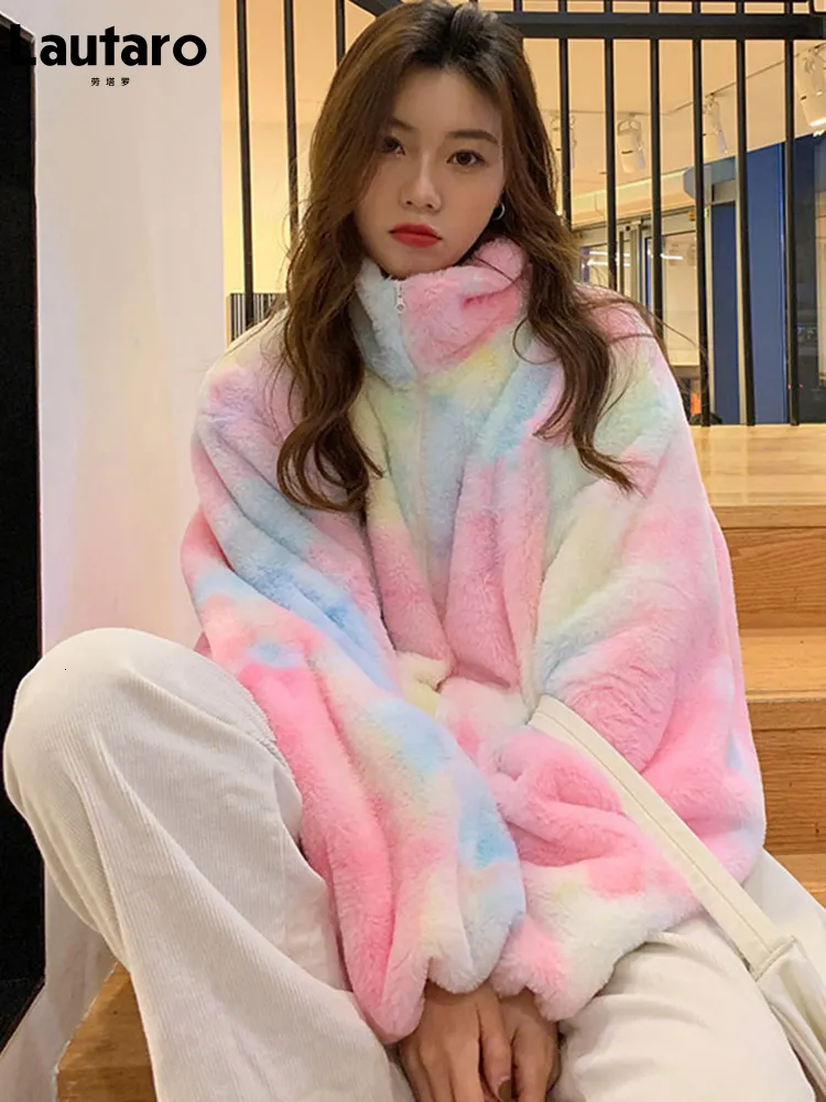 Women s Fur Faux Lautaro Winter Zip Up Colorful Rainbow Coat Women Oversized Warm Soft Kawaii Fluffy Jacket Tie Dye Korean Fashion 221128