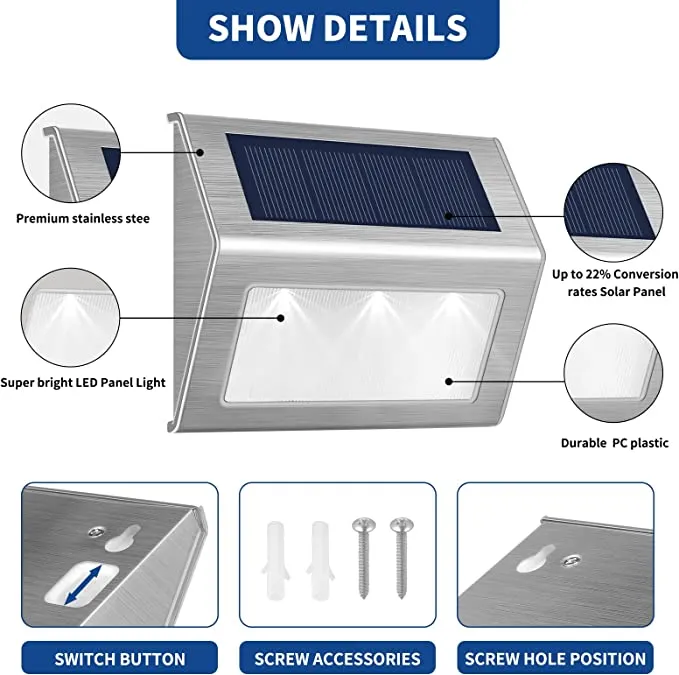 Solar Deck Lights med större batterikapacitet 8-pack rostfritt stål Ljusa LED Solar Step Lights väderbeständig utomhusvit belysning för trappor trappor