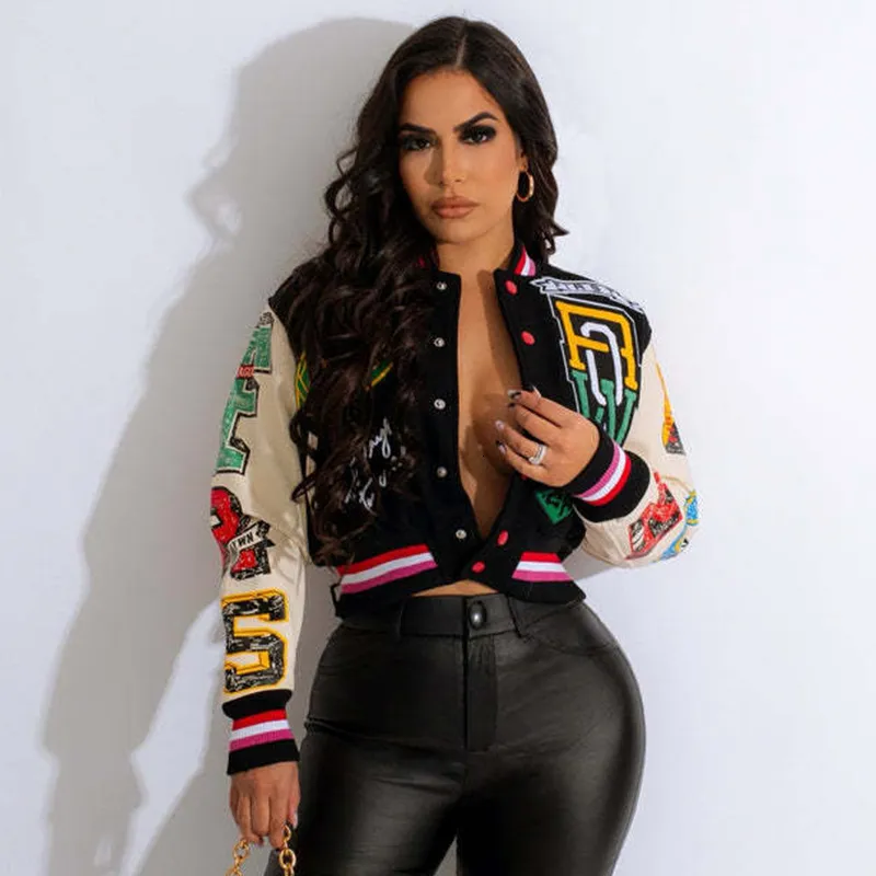 Wo Casual Varsity Baseball Letterman Jacket Racing Bomber Coat Autunno Abbigliamento Donna Ritagliata Cyber Y2K Streetwear Commercio all'ingrosso 221129