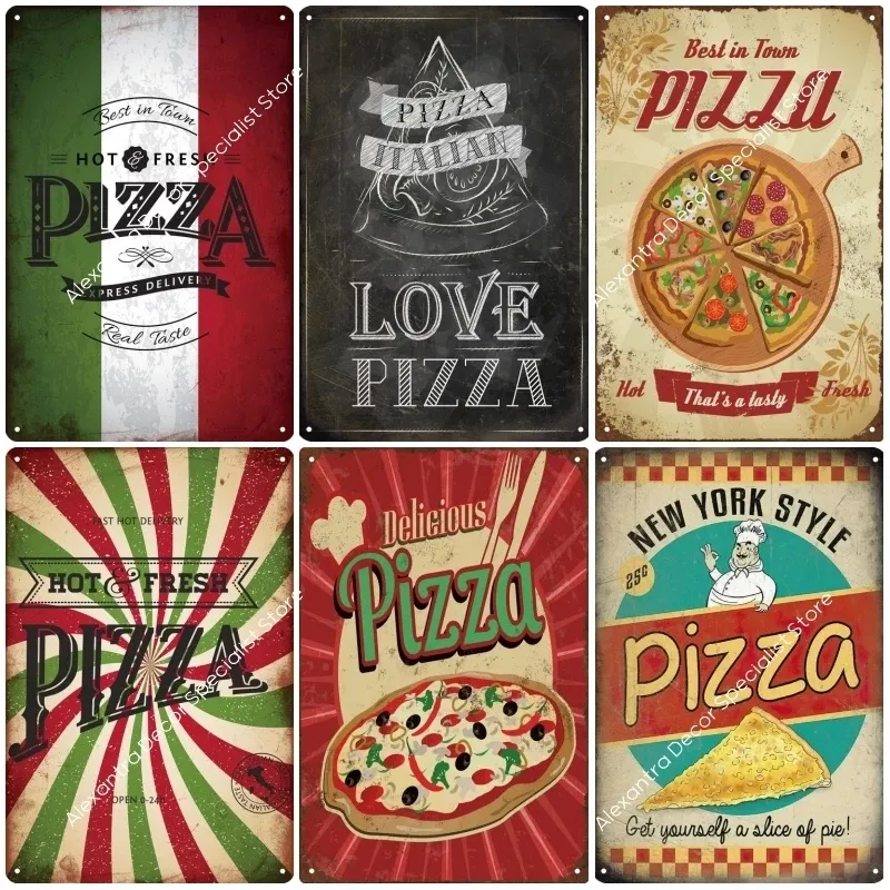 Pizza Metal Painting Poster Vintage Posters Tin Bord Decoratieve wandplaat Keuken Plaque Metalen Decoraccessoires 20cmx30cm Woo