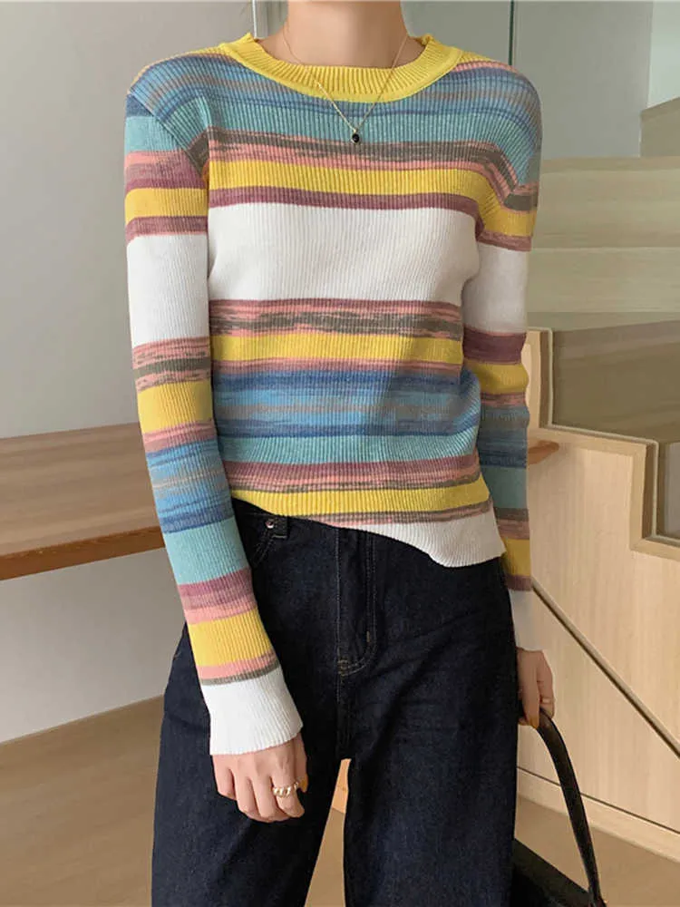 Kvinnors tröjor JMPRS Fashion Rainbow Stripes Women Sweater O Neck Random Slim Elastic Jumper Fall Korean Sticked Long Hleeves Female Tops J220915