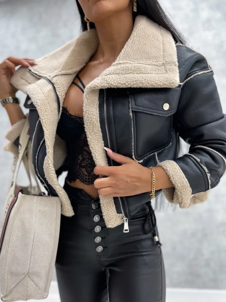 Wo hirigin Women Winter Faux Leather Long Sleeve Lapel Fleece Linen Coat Zip Up Motorcycle Warm Sherpa Outwear 221129