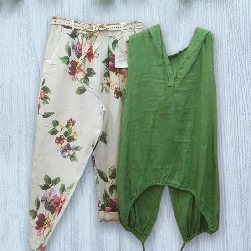 Kadınlar İki Parçalı Pantolon 2 PC/Set Kadın Üstleri Set Düz Renk Derin V Boyun Boyun Sıradan Kolsuz Çiçek Desen Bluz Pantolon