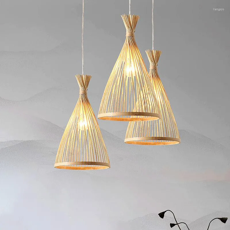 Hängslampor kinesisk stil ljuskrona bambu väver kreativ personlighet homestay el vardagsrum hem dekorativ lampa ljus