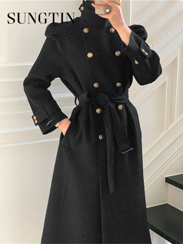 Dameswol Blends Sungtin Korea Casual losse coltrui wollen jas met riem vrouwen dikke warme winkels lange jas vrouwelijk elegante hoogwaardige 221129