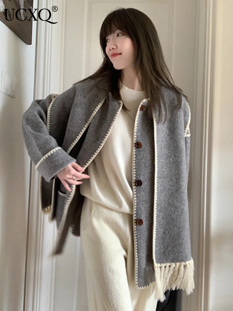 Mezcla de lana de mujeres UCXQ Tassels Casual Tassels Bufanda de lana de lana Sobreza Overumia Otoño suelto Gary Streetwear