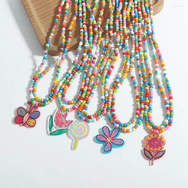 Pendentif Colliers Vedawas coréen résine fleur papillon collier de perles pour les femmes frais multicolore couche collier ras du cou bijoux cadeaux