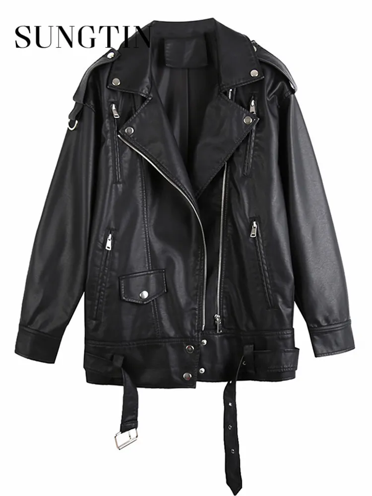 Women's Jackets Sungtin Black PU Leather Women with Belt Oversized Korean Loose Motorcycle Faux Fashion Causal Outerwear 221128